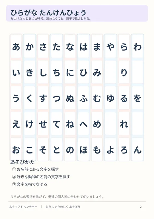 ひらがな表の印刷用紙の実物プレビュー