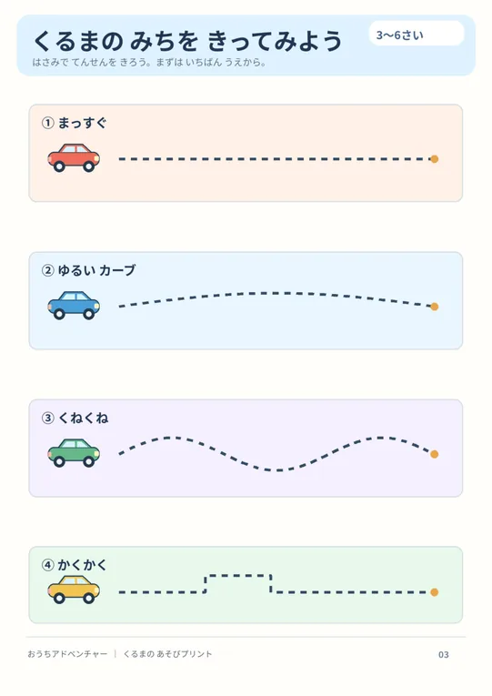 くるまの道路をチョキチョキの印刷用紙の実物プレビュー